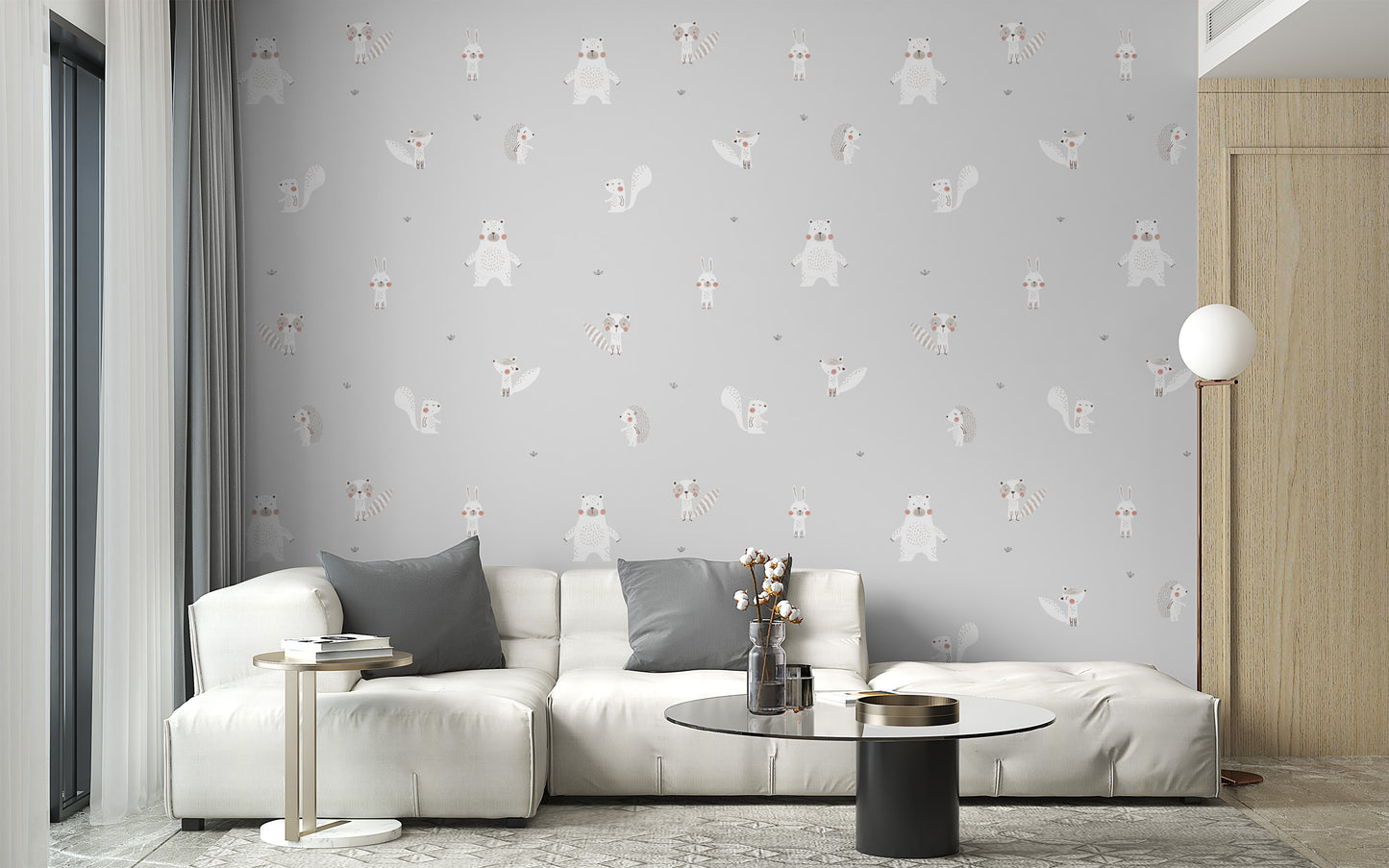 Forest Animals Gray wallpaper behind a white modular sofa and black round coffee table in a grey living room
