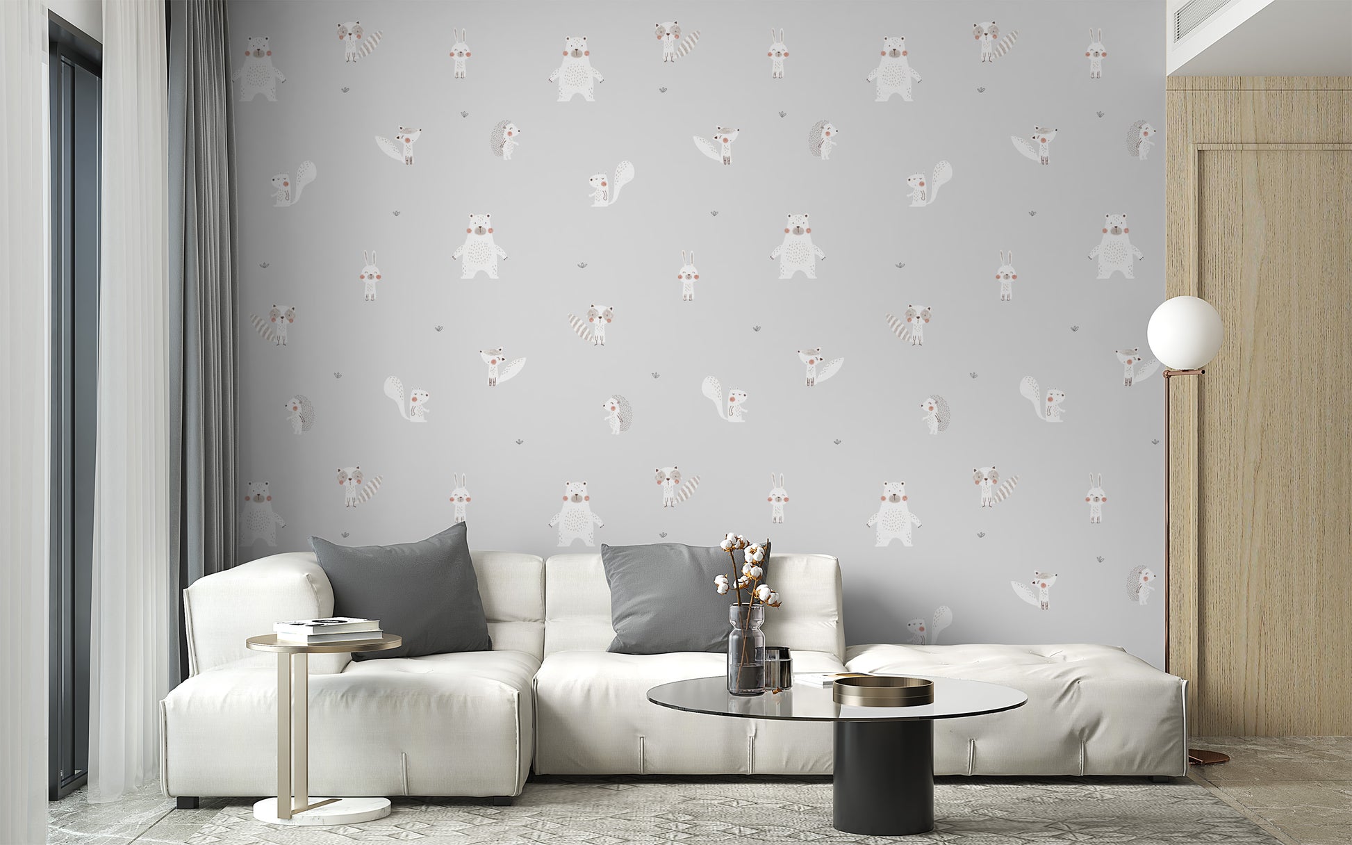 Forest Animals Gray wallpaper behind a white modular sofa and black round coffee table in a grey living room
