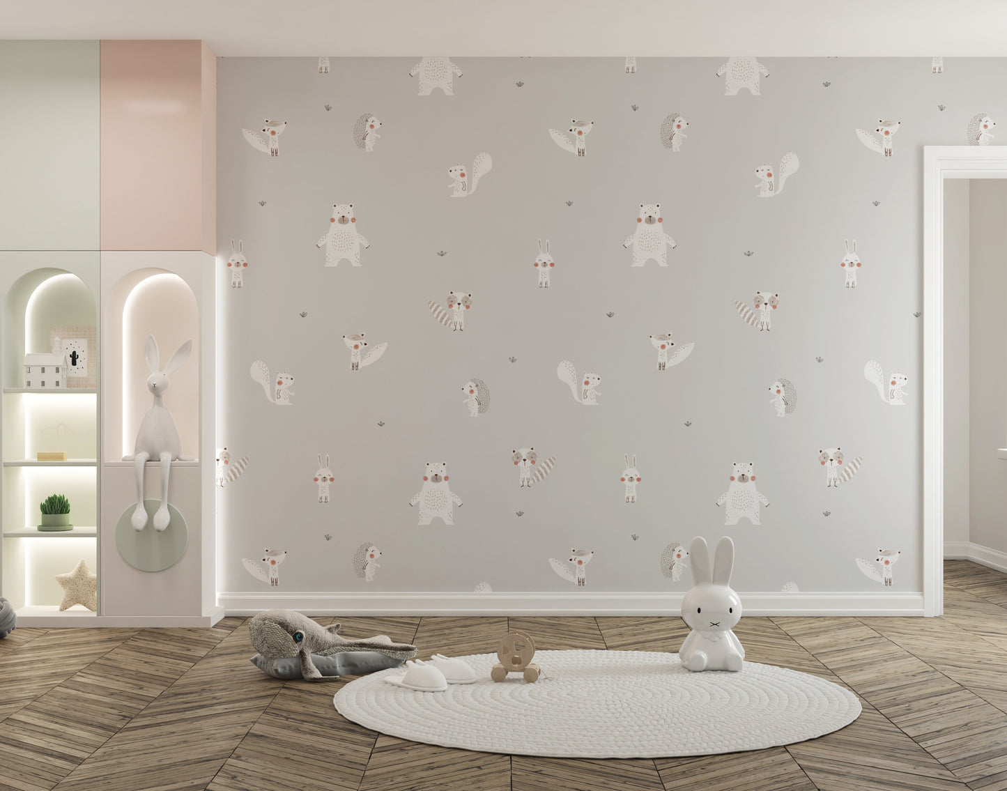 Forest Animals Gray wallpaper of white critters in a playroom with a bunny lamp and round rug with plush toys