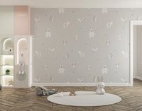 Forest Animals Gray wallpaper of white critters in a playroom with a bunny lamp and round rug with plush toys