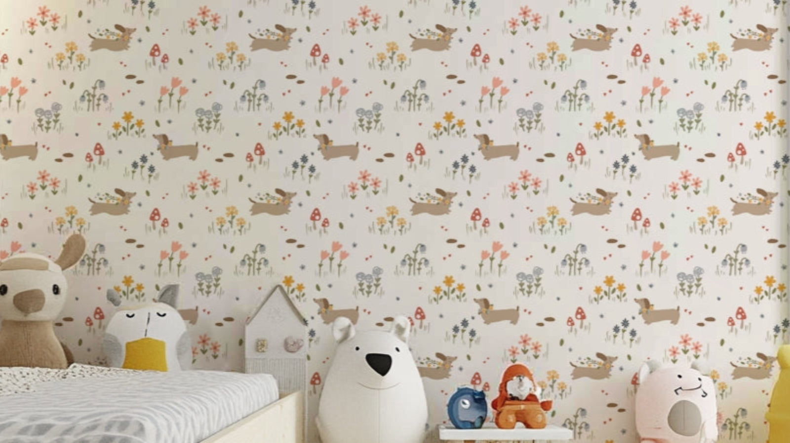 Playful dog and wildflowers wall mural

