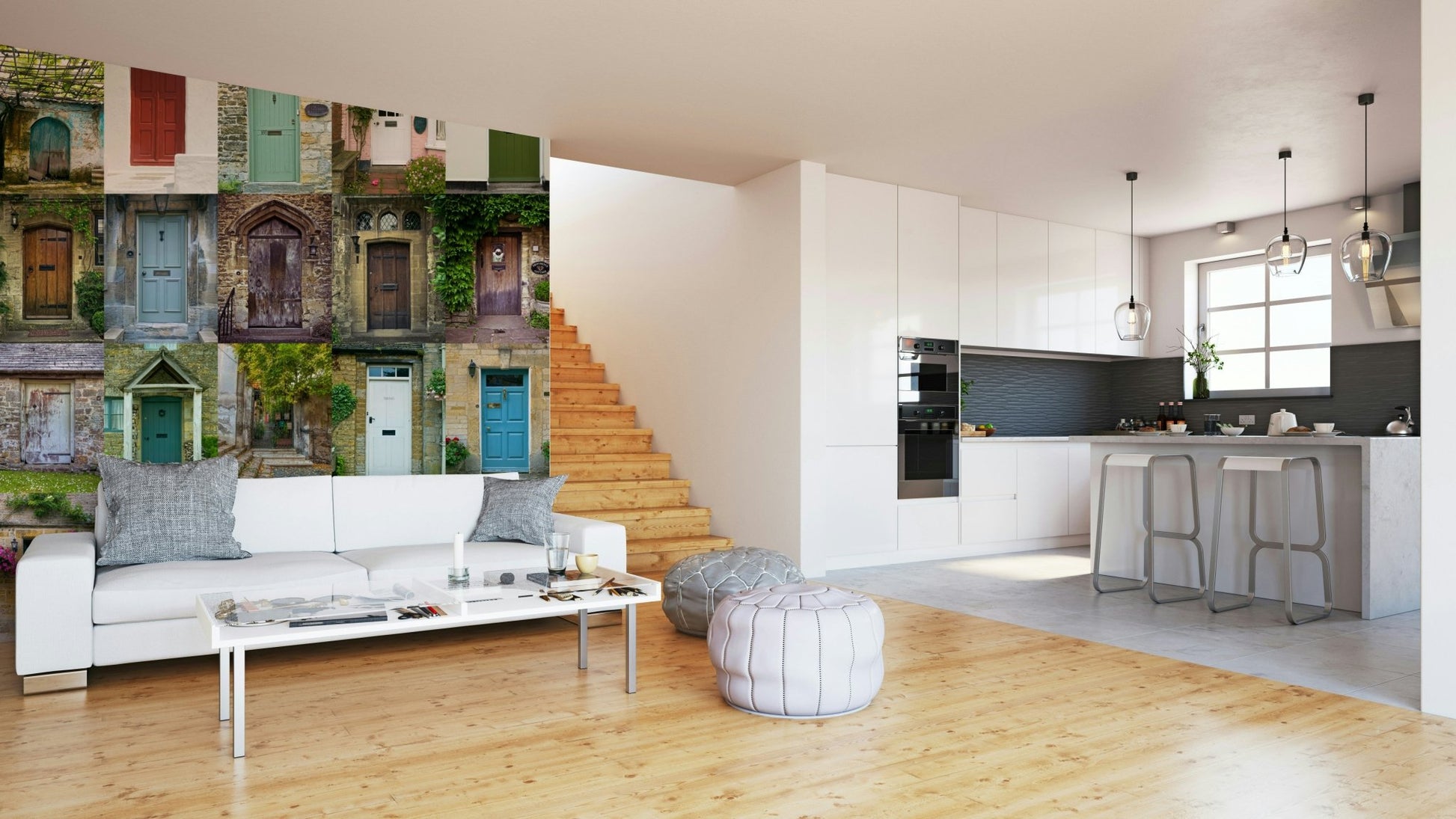 The mural is installed in a modern, quiet living room.

