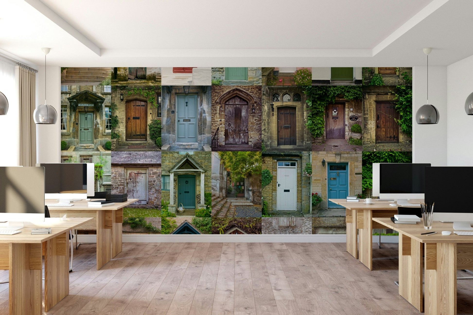 The image shows a full wall with a stone archway leading into a lush garden.

