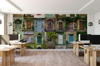 The image shows a full wall with a stone archway leading into a lush garden.

