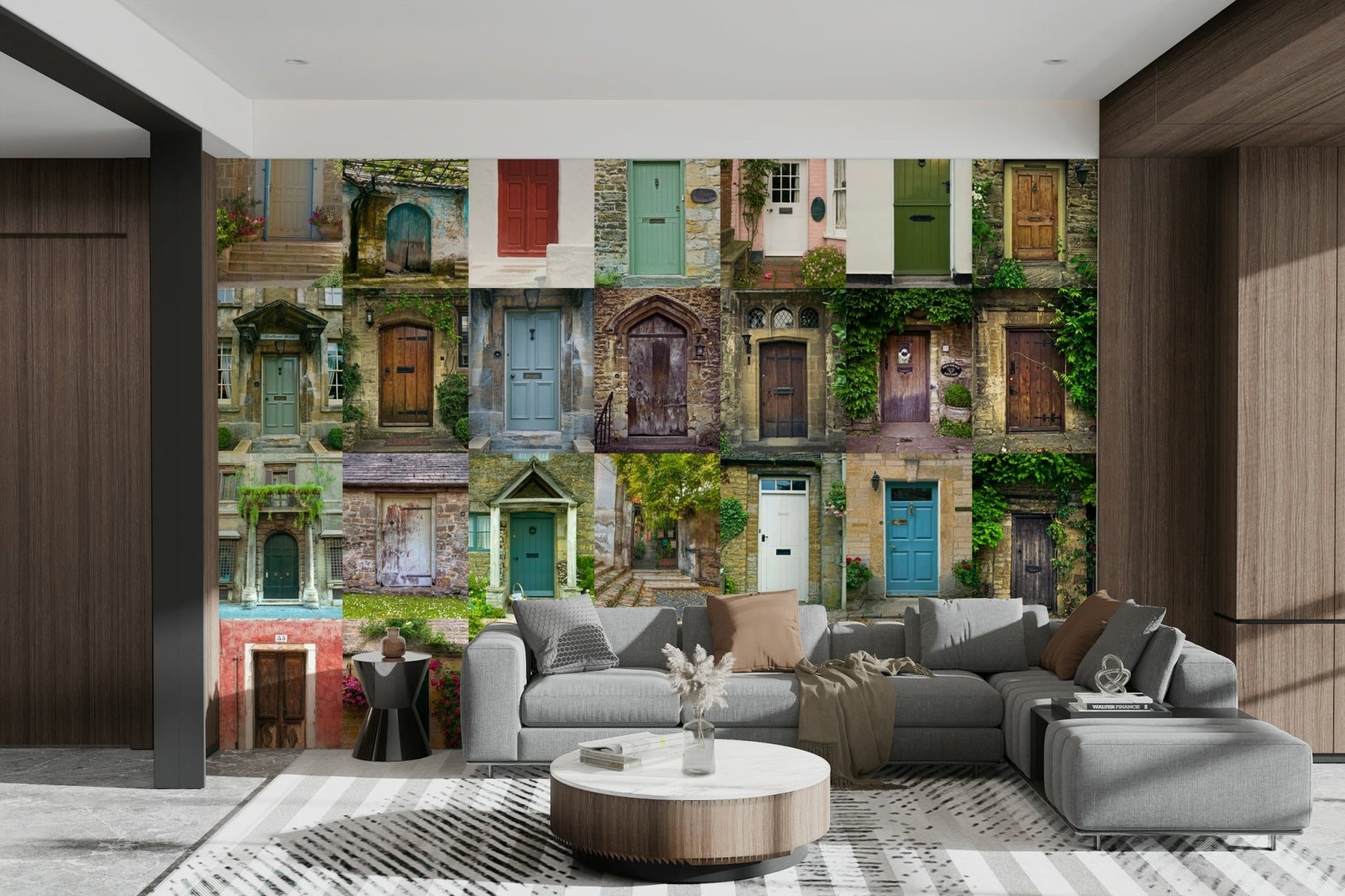 A wall mural featuring a peaceful garden entryway.

