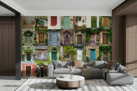 A wall mural featuring a peaceful garden entryway.

