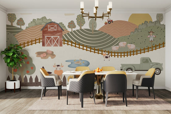 The design features friendly farm animals like cows and sheep.


