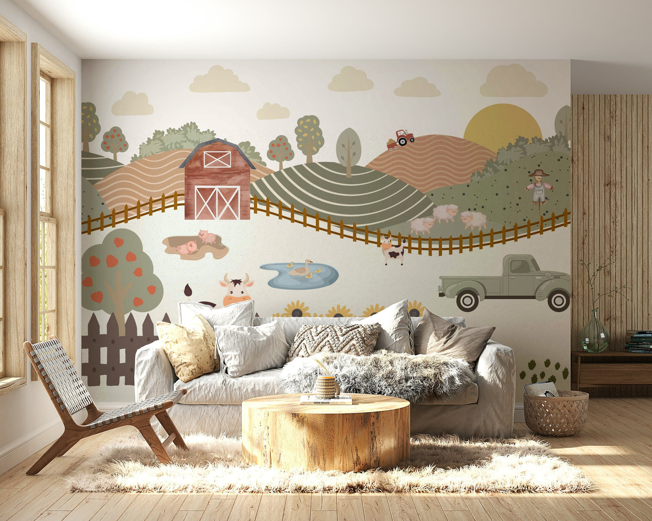A peaceful wall mural with a whimsical farm scene.

