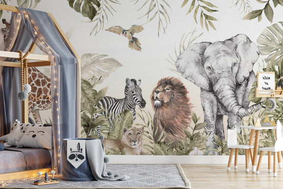 Watercolor Jungle Animal wallpaper mural shown as a full feature wall that highlights the design