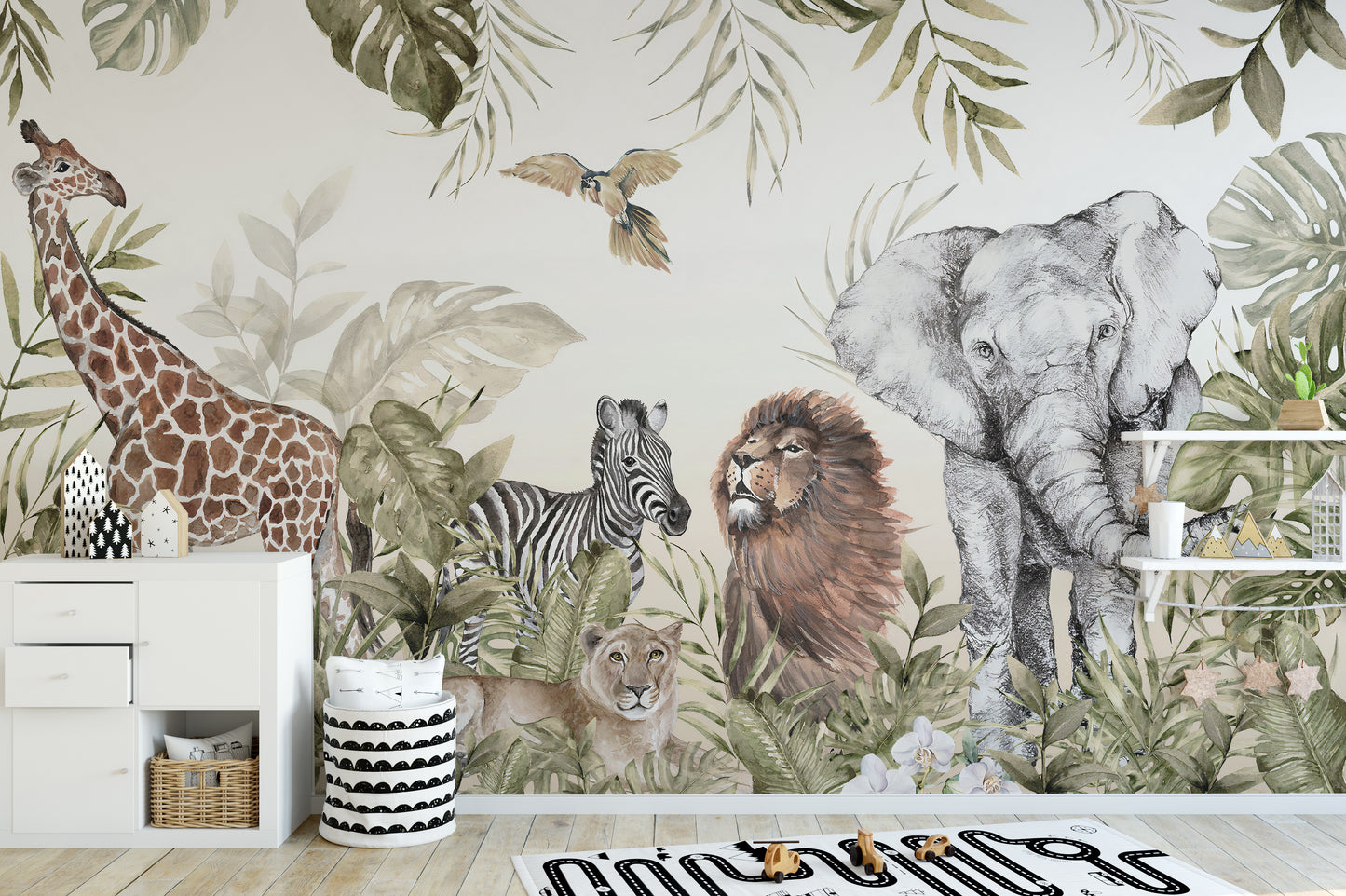 Watercolor Jungle Wallpaper with Lions and Elephants
