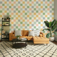 Vintage geometric wallpaper with alternating squares and muted shades.

