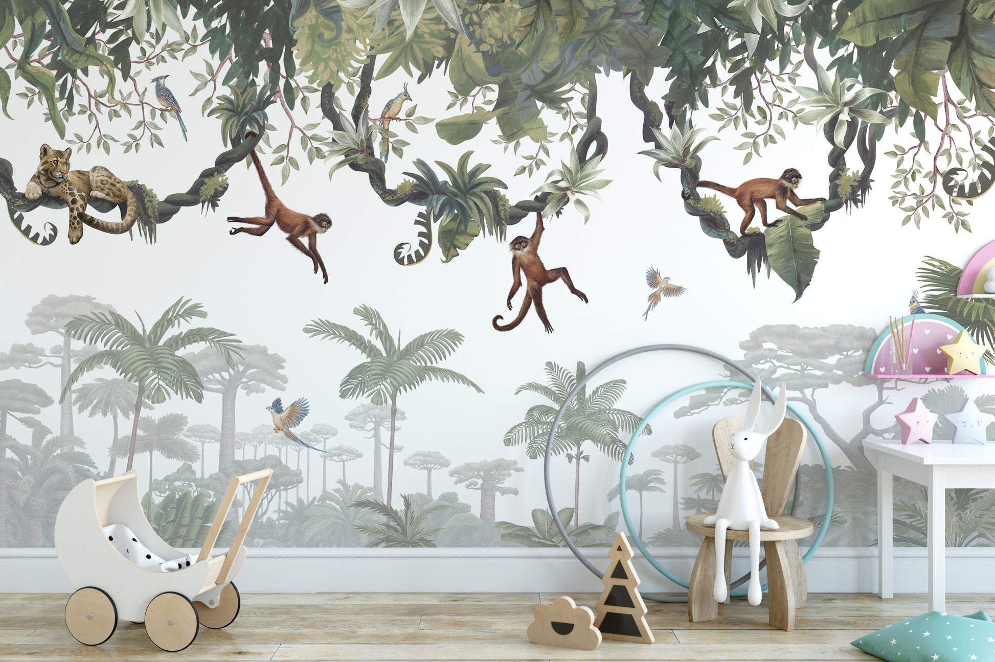 Cheeky Hanging monkeys wallpaper mural of jungle vines with monkeys and a leopard behind a white toy pram