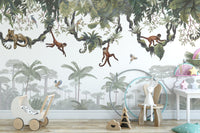 Cheeky Hanging monkeys wallpaper mural of jungle vines with monkeys and a leopard behind a white toy pram