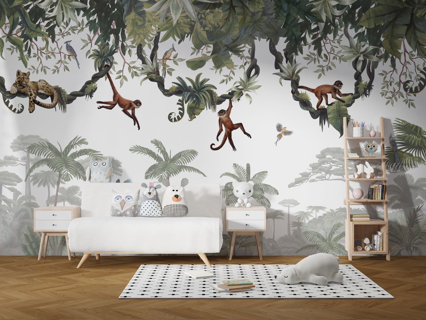 Cheeky Hanging monkeys wallpaper mural of monkeys and a leopard behind a white daybed with animal cushions