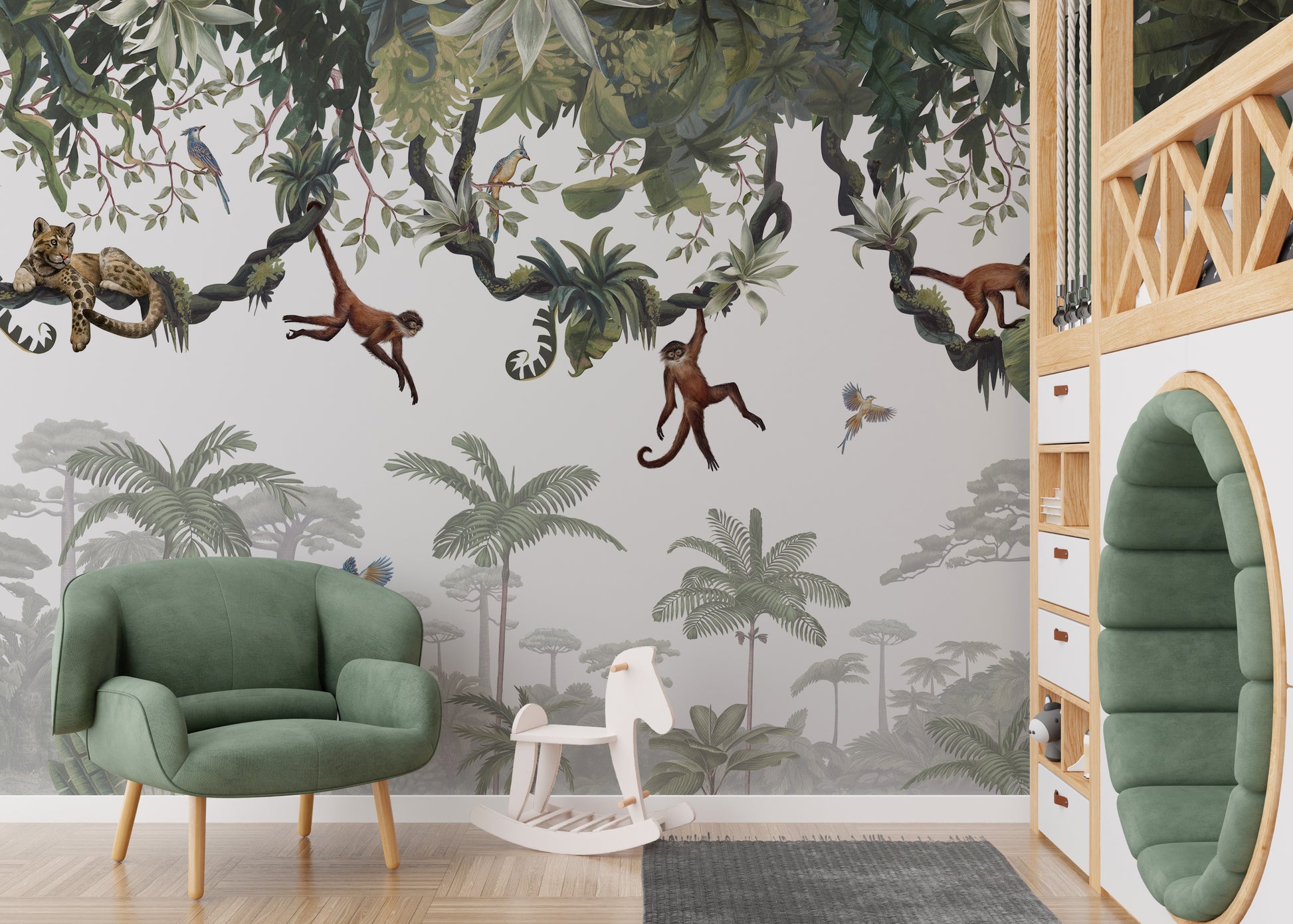 Cheeky Hanging monkeys wallpaper mural of jungle monkeys behind a green armchair and rocking horse