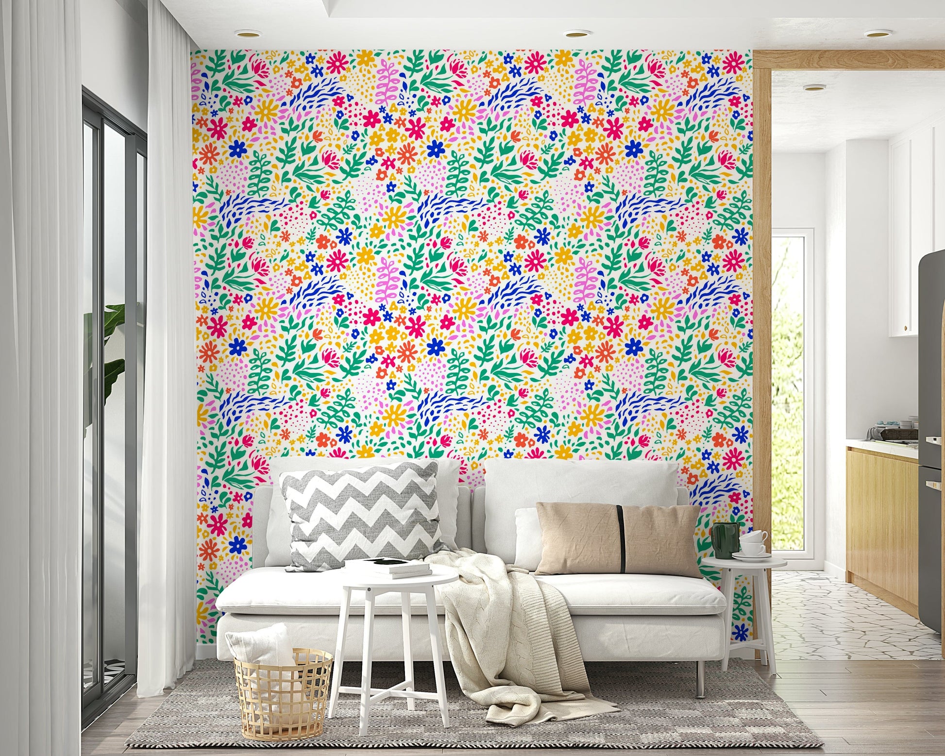 A full-wall mural showing a whimsical meadow scene.
