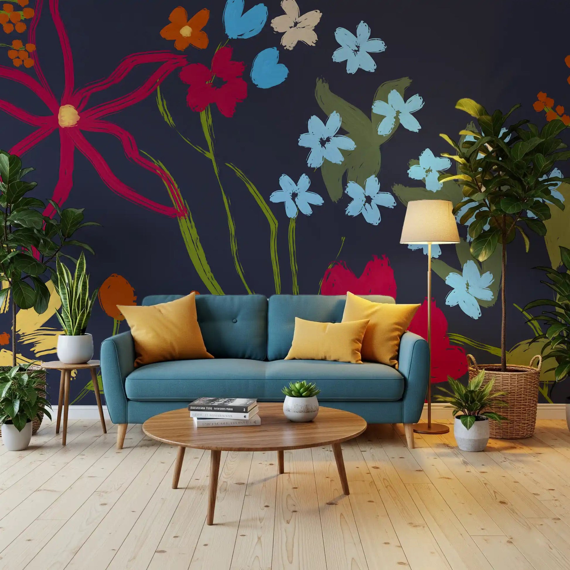 Abstract floral wallpaper pattern for a modern living room feature wall decor.