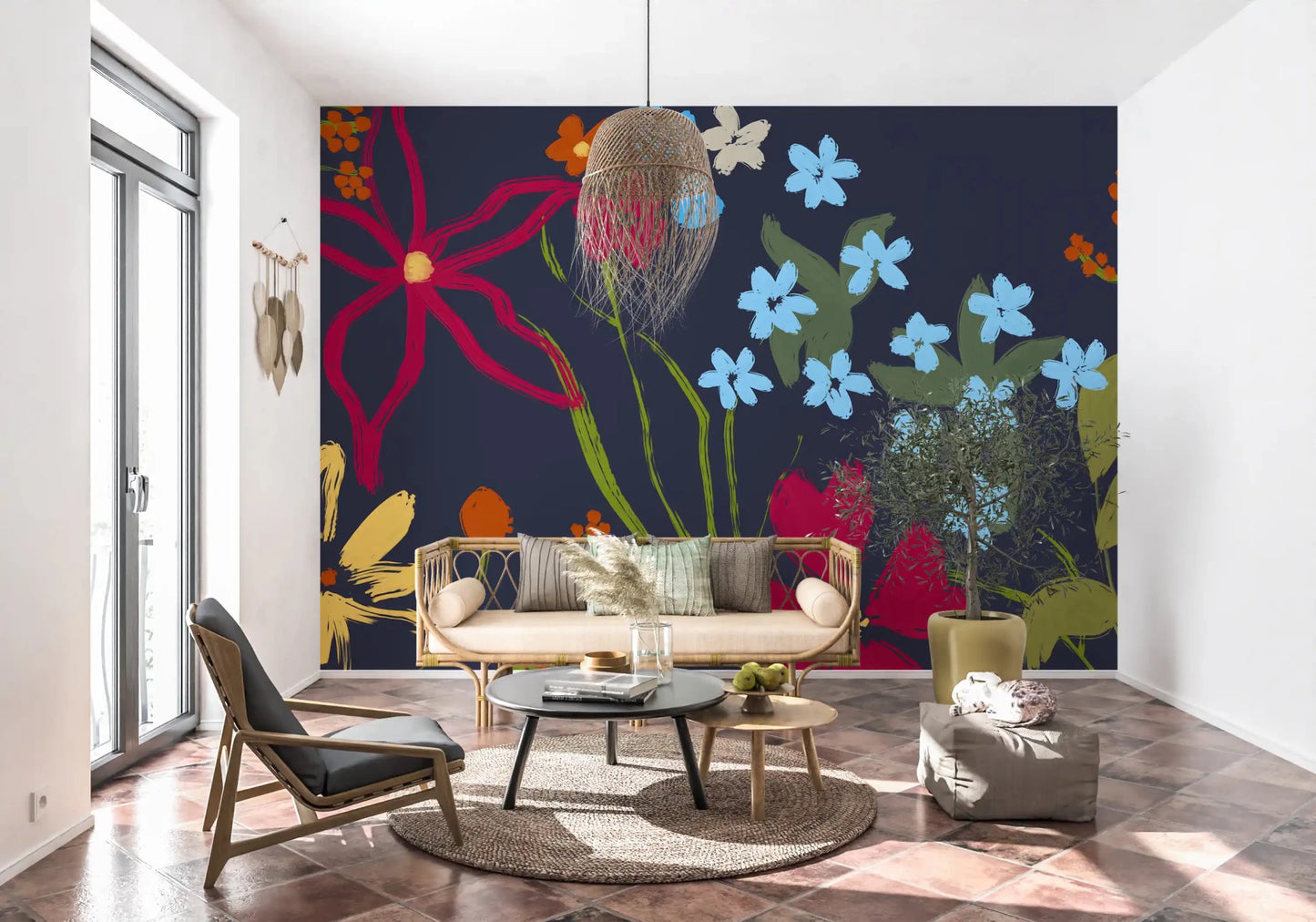 Artistic floral wallpaper design enhancing a contemporary apartment living space.