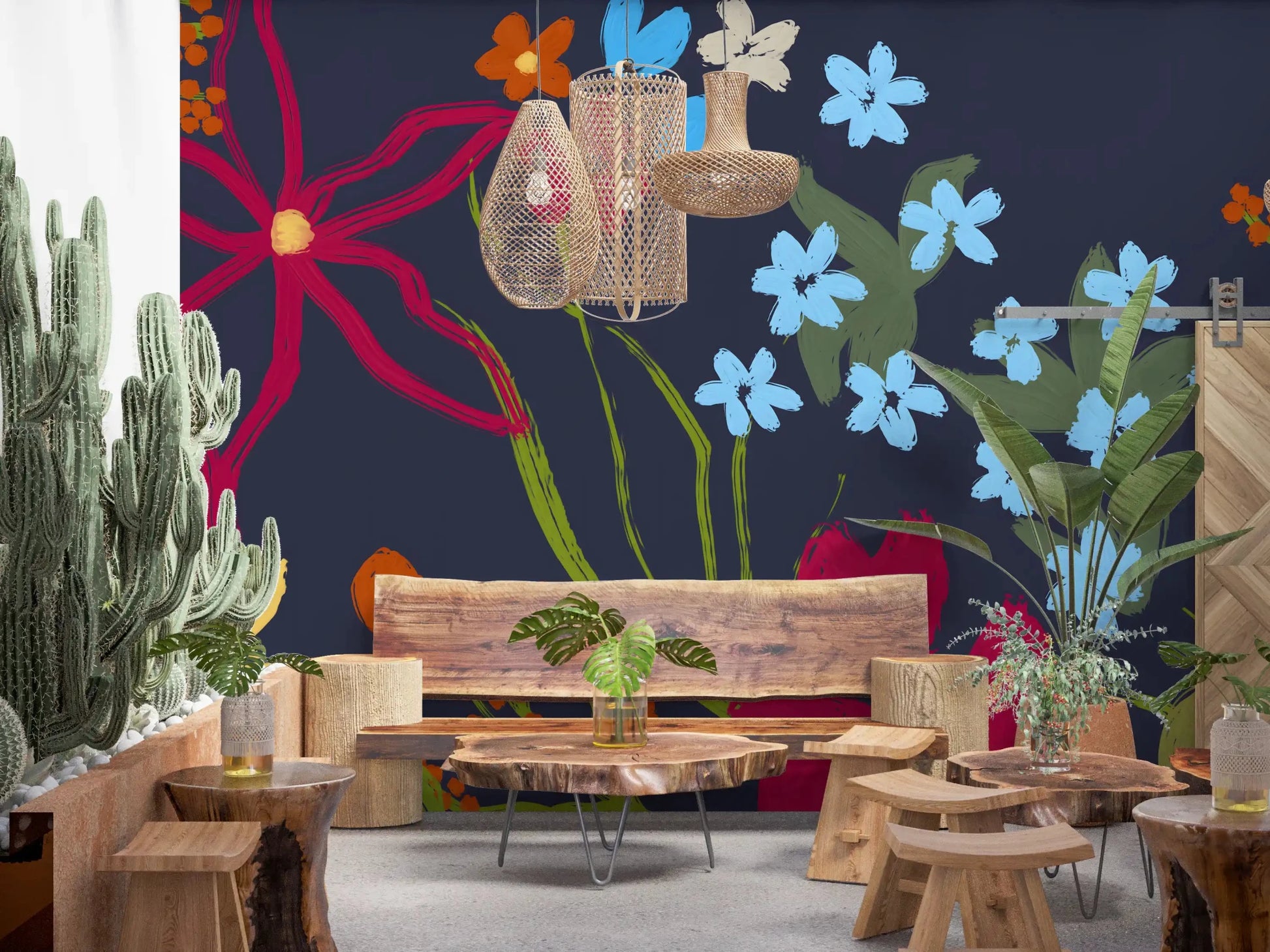 Modern botanical wallpaper style with cheerful summer flowers for a cozy Living room 