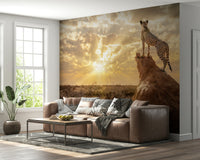 Animal print mural on dining room feature wall, tan base with dark spots and simple decor