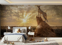 Wildlife-inspired wallpaper mural in bedroom, warm beige tones with cheetah spot design