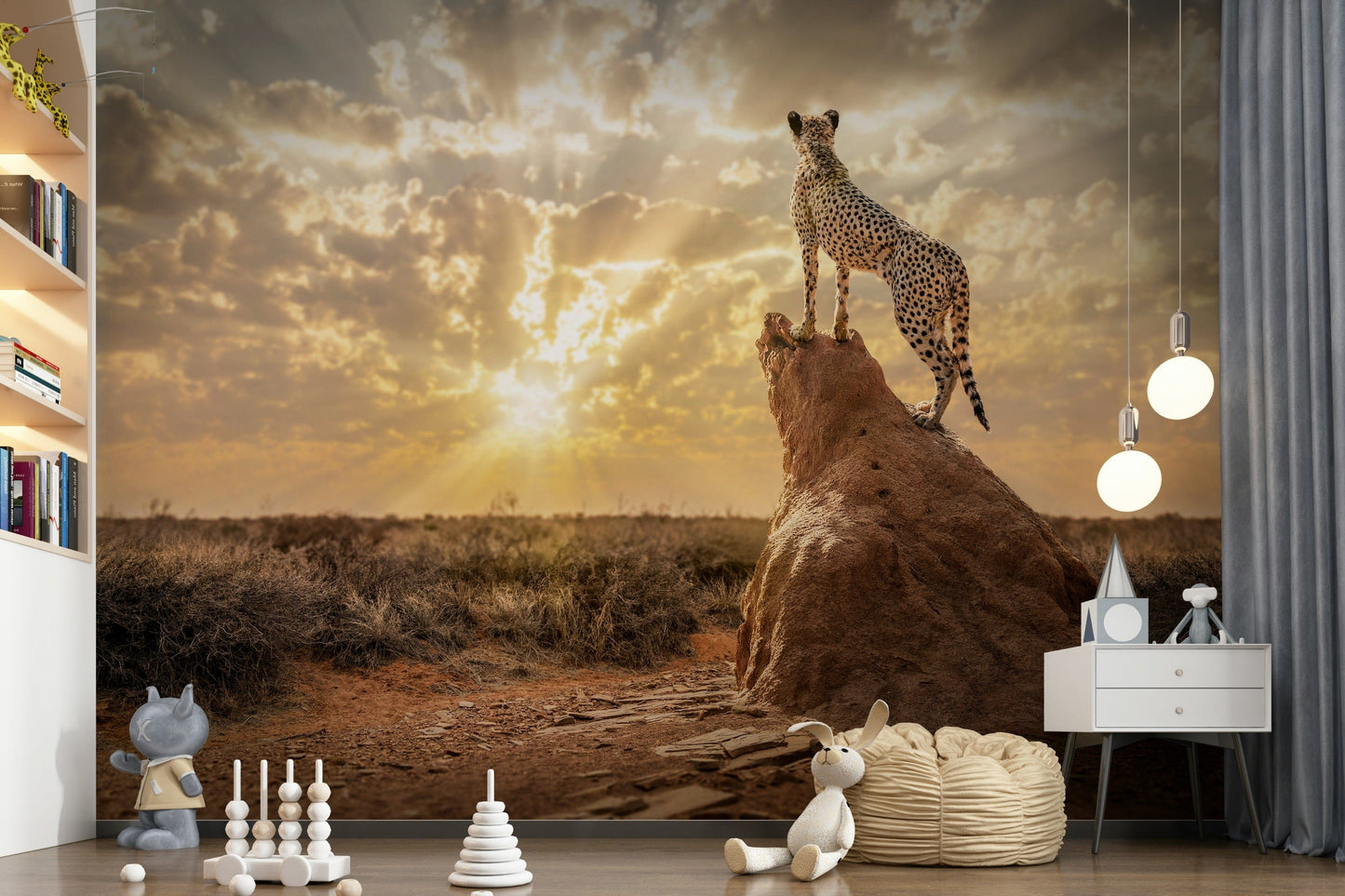 Cheetah’s Domain Wall Mural behind sofa, neutral animal pattern in a modern apartment lounge