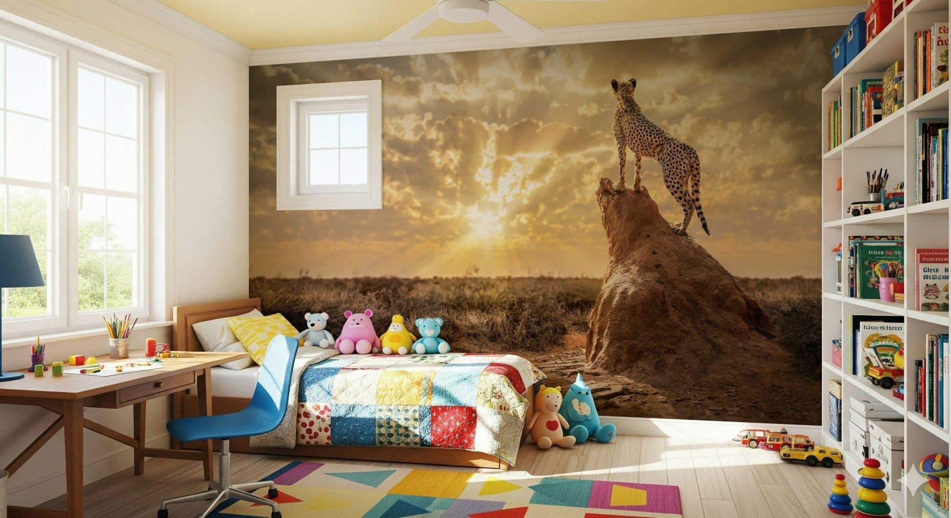 Cheetah print wall mural in modern living room, tan and black spots for bold wall decor