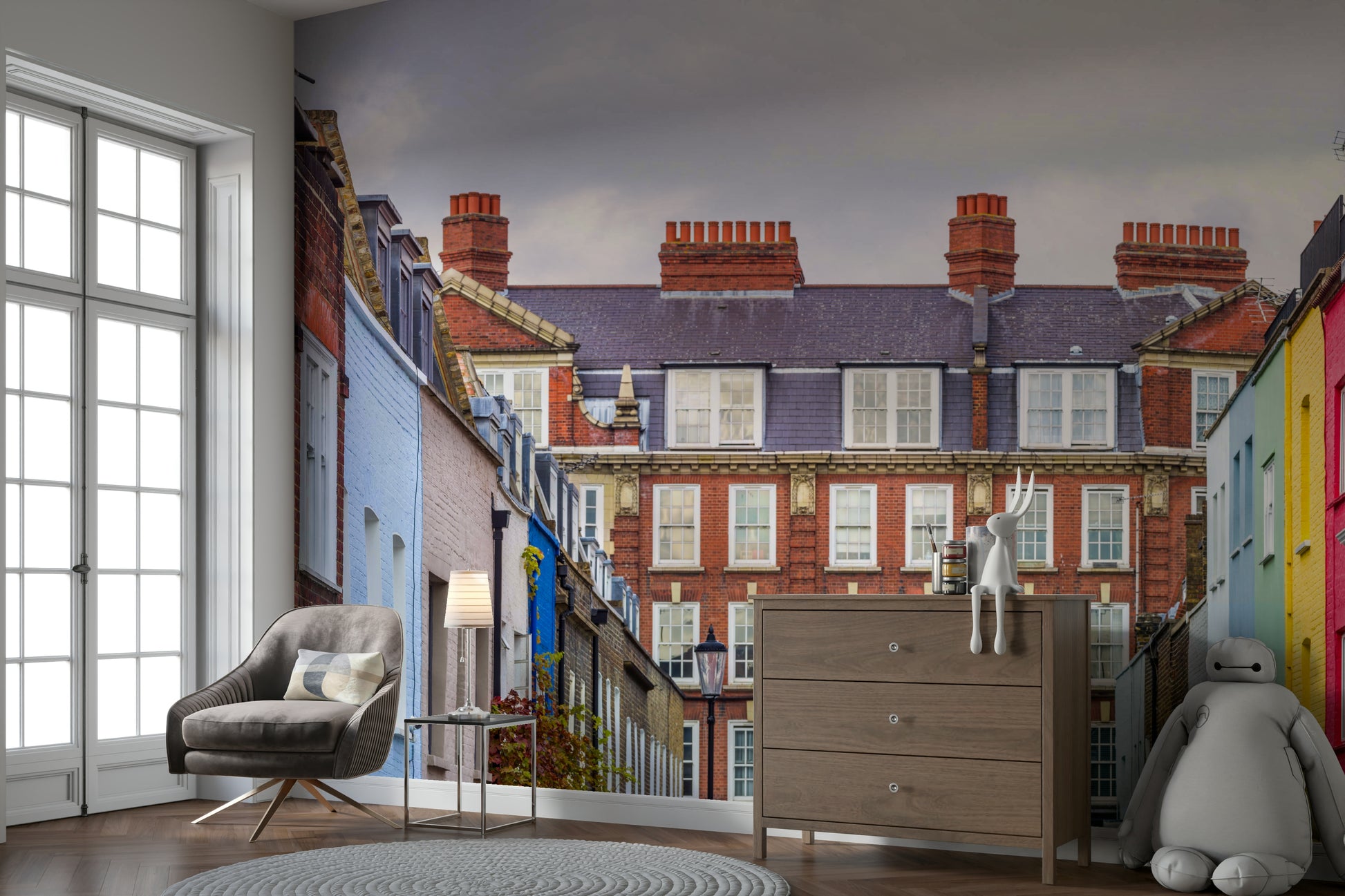 The wall art combines historical architecture with a modern city scene.

