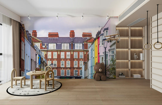 Wall mural of a London cityscape.

