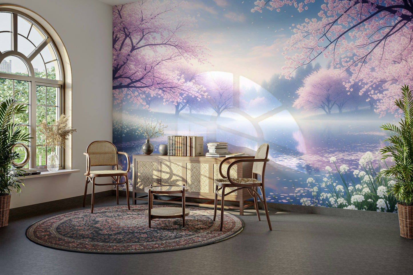 The wallpaper is used as a feature wall in a bedroom.