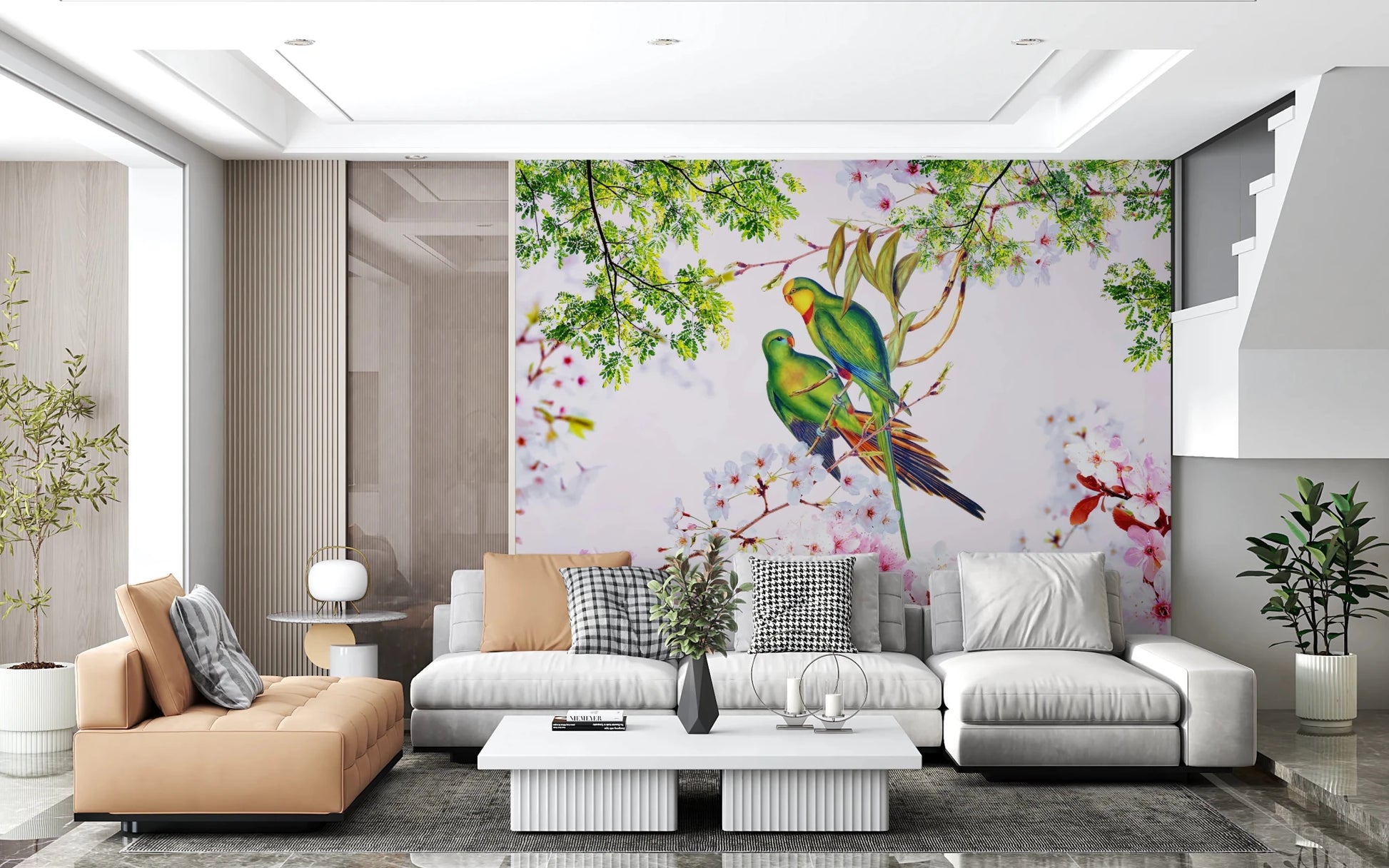 Cherry Blossom Parrots Wall Mural