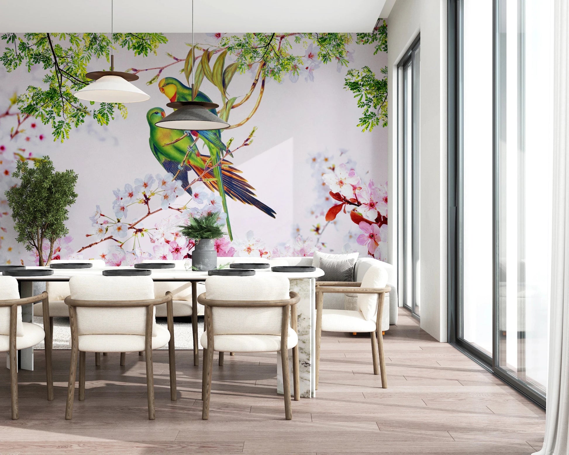 Cherry Blossom Parrots Wall Mural