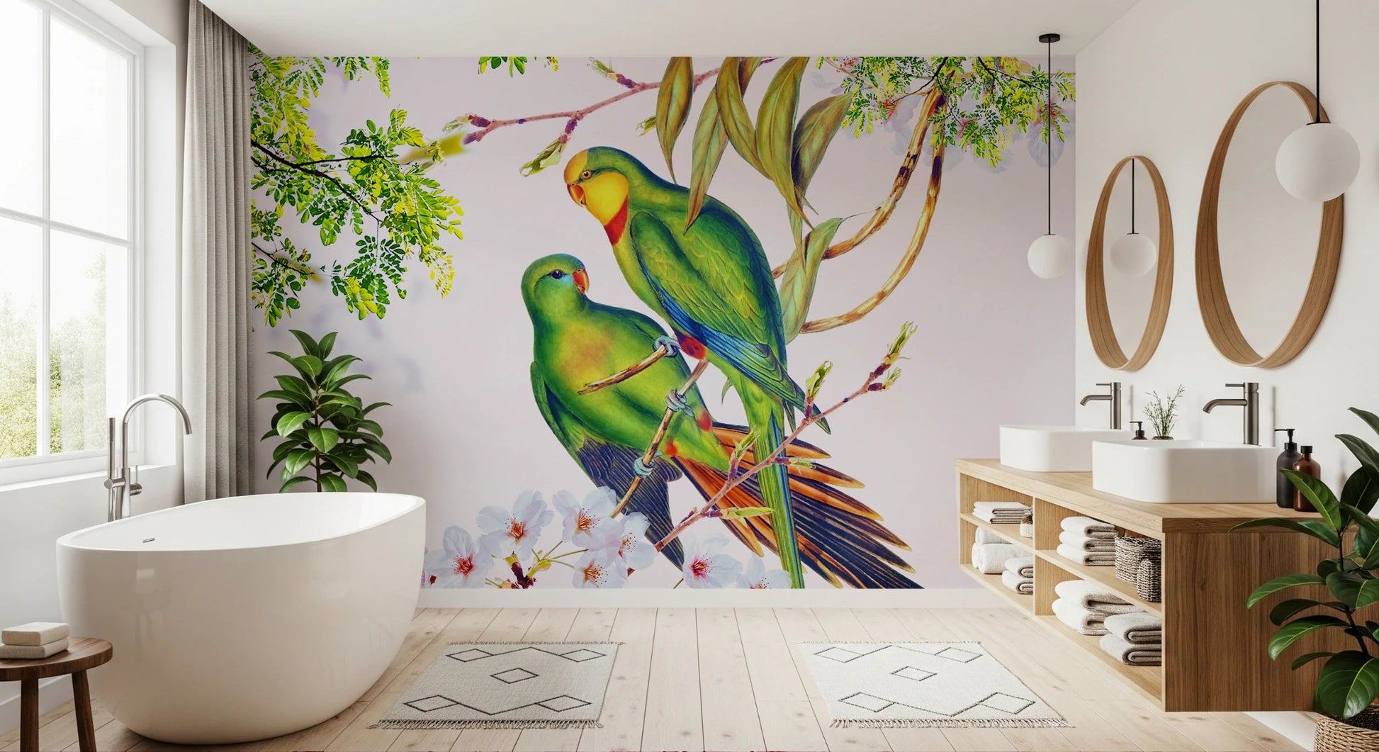 Cherry Blossom Parrots Wall Mural