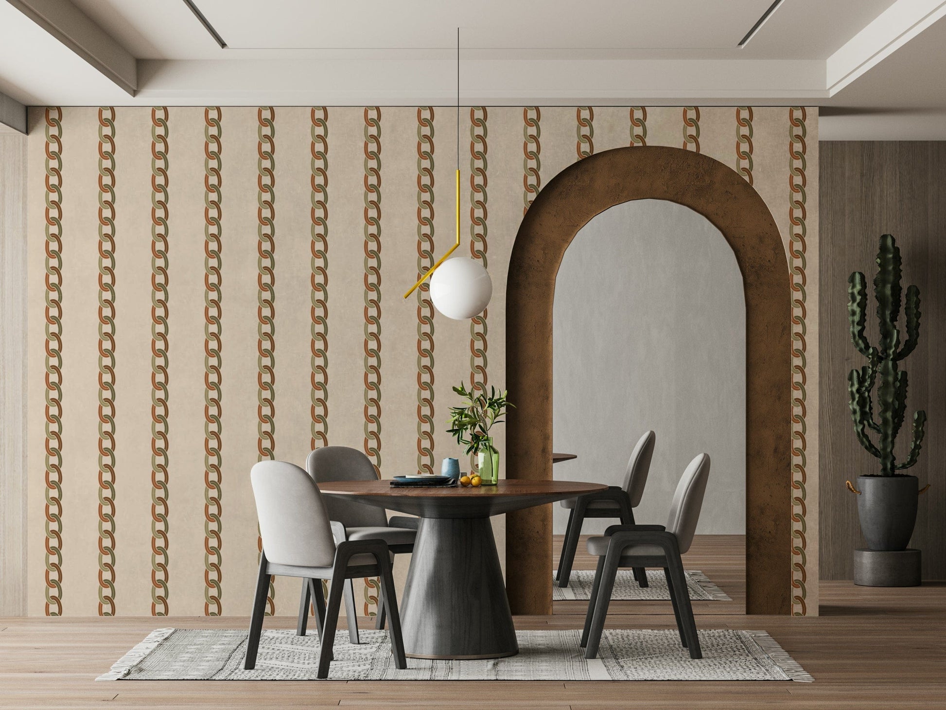 A peaceful wall mural with a modern, geometric design.

