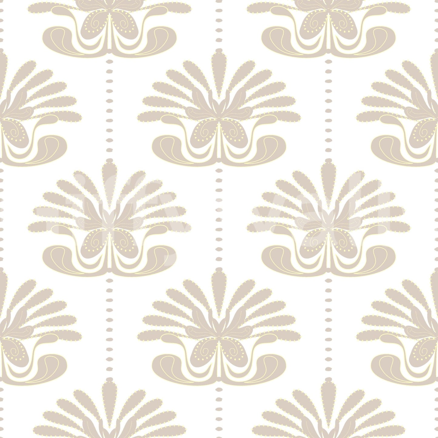 Chic Floral Symmetry wallpaper close-up showing the pattern of symmetrical taupe palmette florals on white
