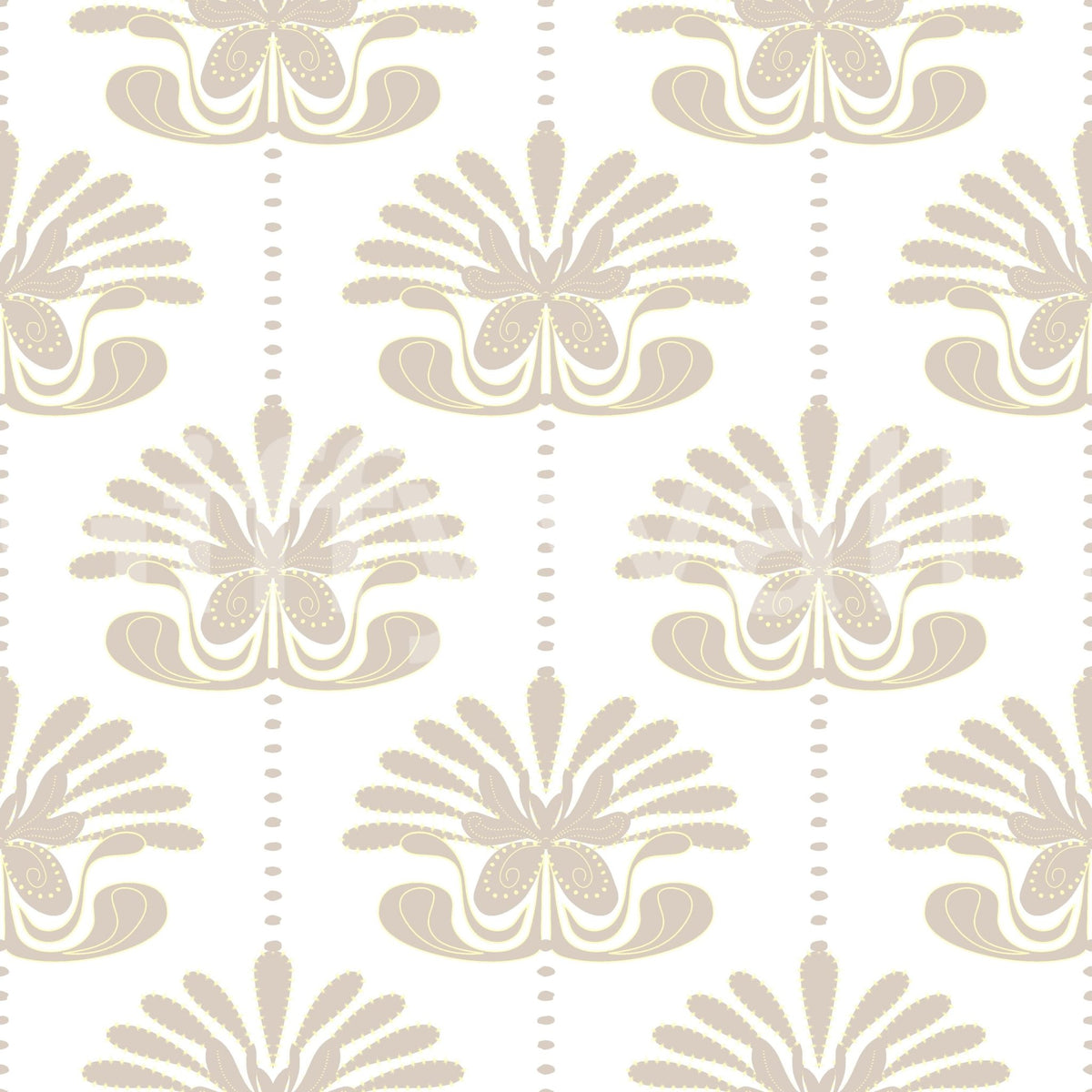 Chic Floral Symmetry wallpaper close-up showing the pattern of symmetrical taupe palmette florals on white
