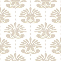 Chic Floral Symmetry wallpaper close-up showing the pattern of symmetrical taupe palmette florals on white
