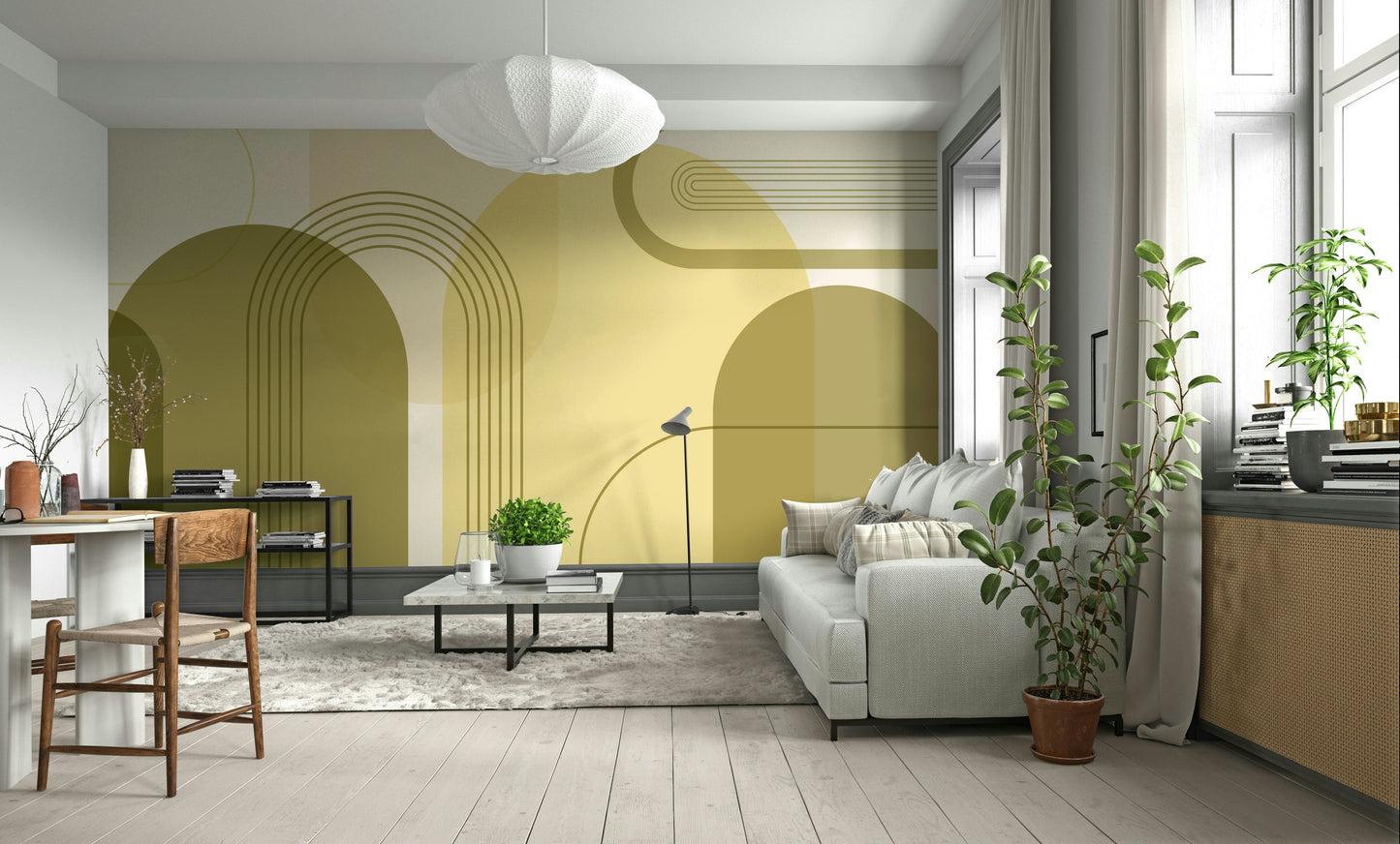 Chic olive and beige arch wallpaper


