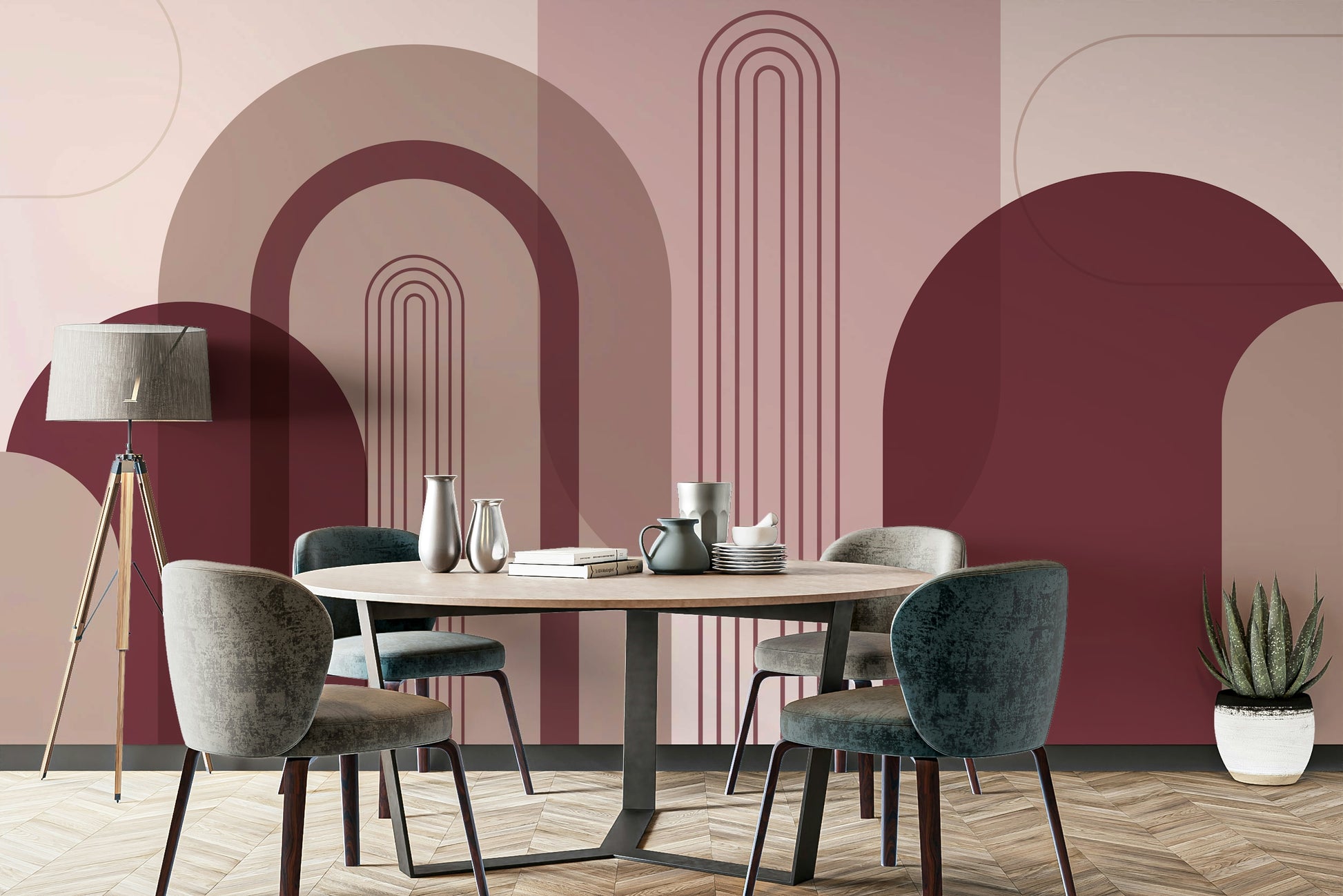 Retro arch motif in wine shades

