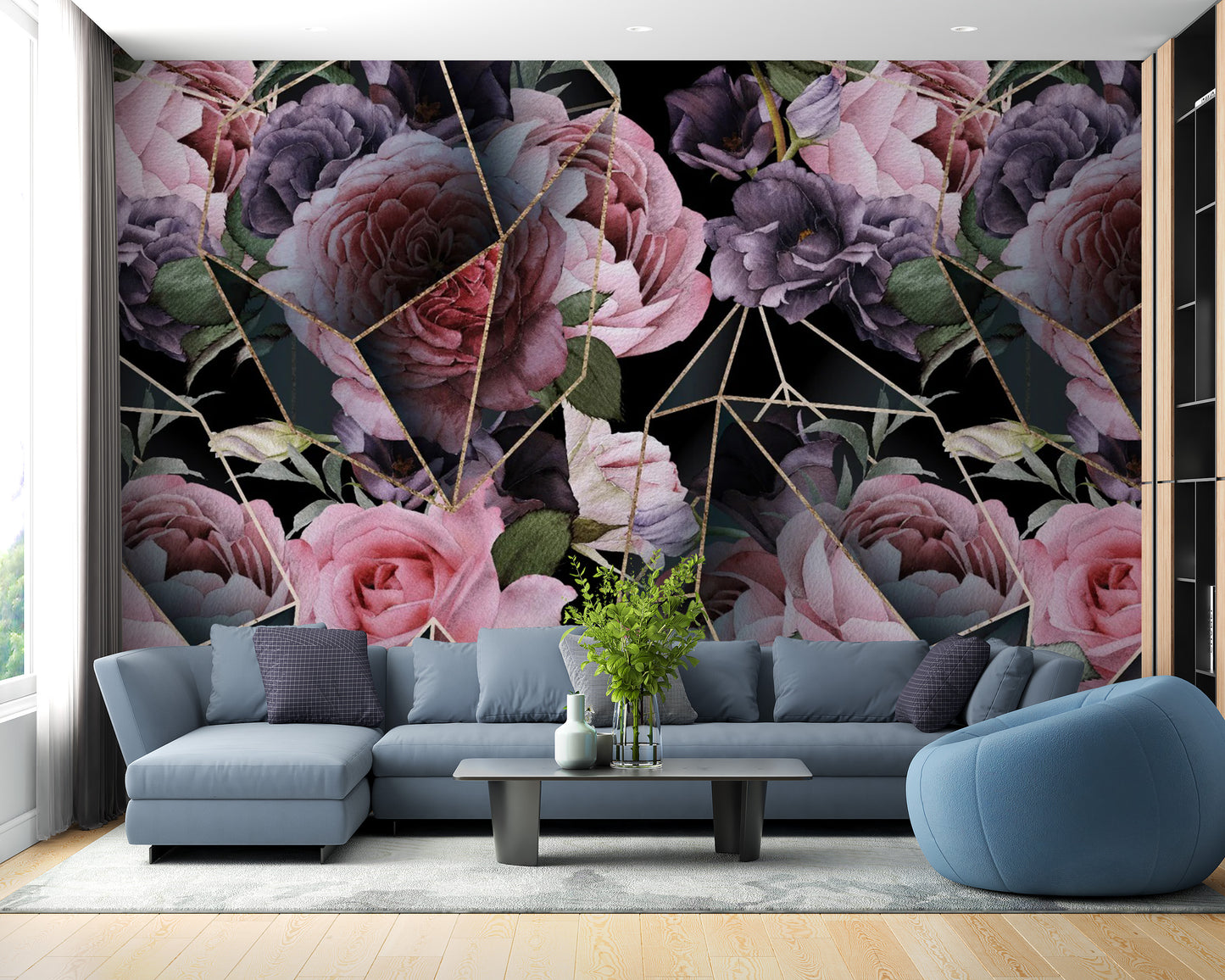Pink Flowers in Polygons wallpaper mural styled along a hallway feature wall near a console in a multicolour palette