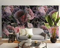 Pink Flowers in Polygons wallpaper mural as a feature wall in a home office workspace in a multicolour palette