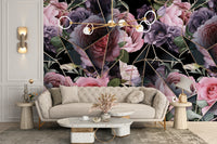 Pink Flowers in Polygons wallpaper mural styled as a feature wall behind a dining table and chairs in a multicolour palette
