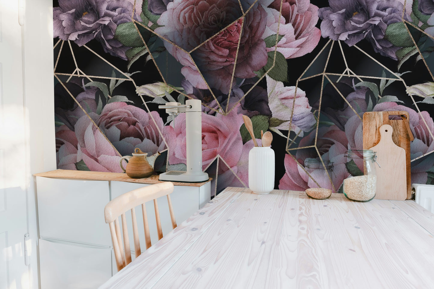 Pink Flowers in Polygons wallpaper mural as a bedroom feature wall behind the headboard in a multicolour palette