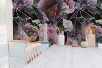 Pink Flowers in Polygons wallpaper mural as a bedroom feature wall behind the headboard in a multicolour palette
