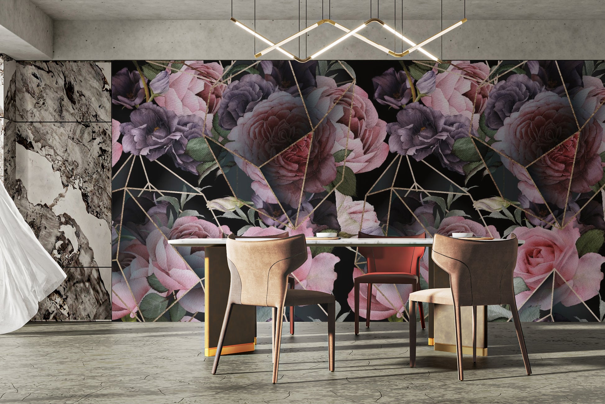Pink Flowers in Polygons wallpaper mural styled as a living room feature wall behind a sofa and seating