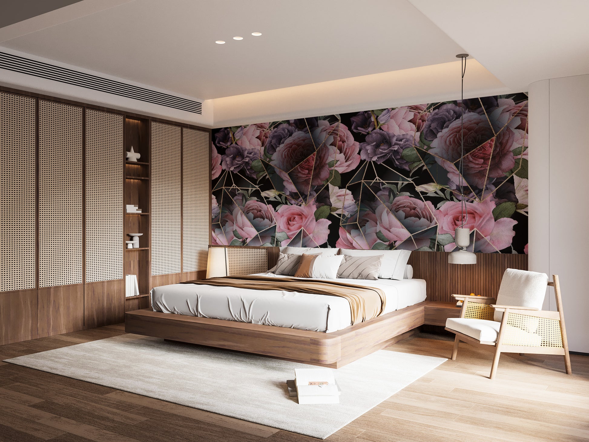 Pink Flowers in Polygons wallpaper mural shown as a full feature wall that highlights the design