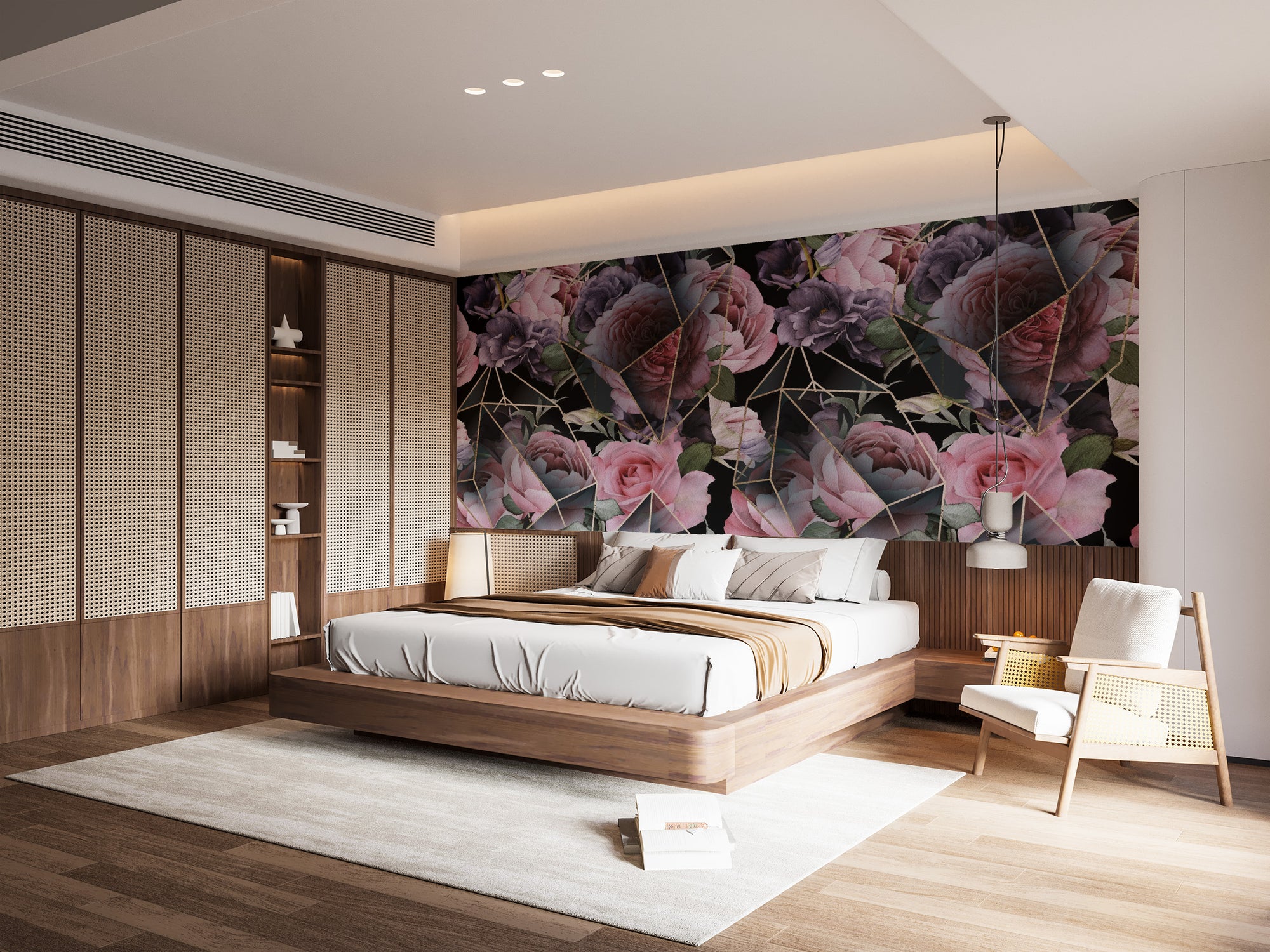 Pink Flowers in Polygons wallpaper mural shown as a full feature wall that highlights the design