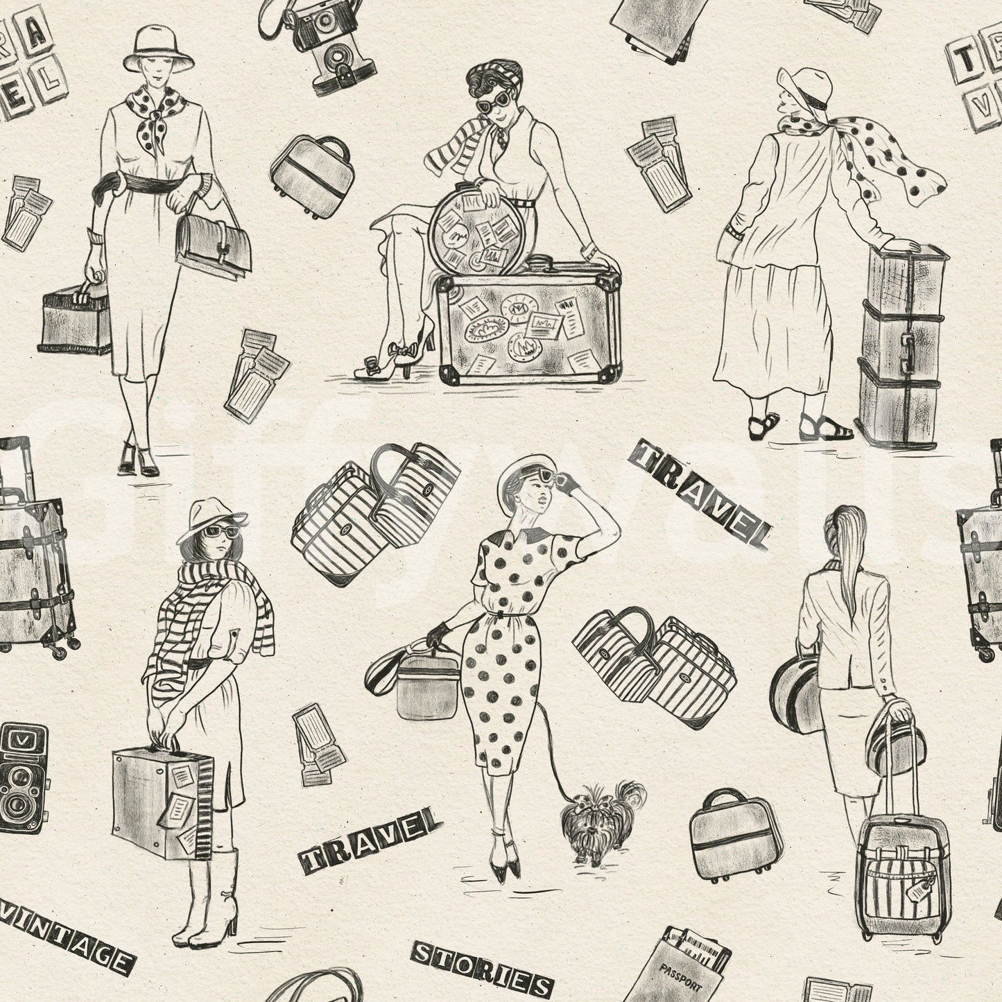 World landmark sketches creating a stylish, wanderlust-inspired wallpaper.