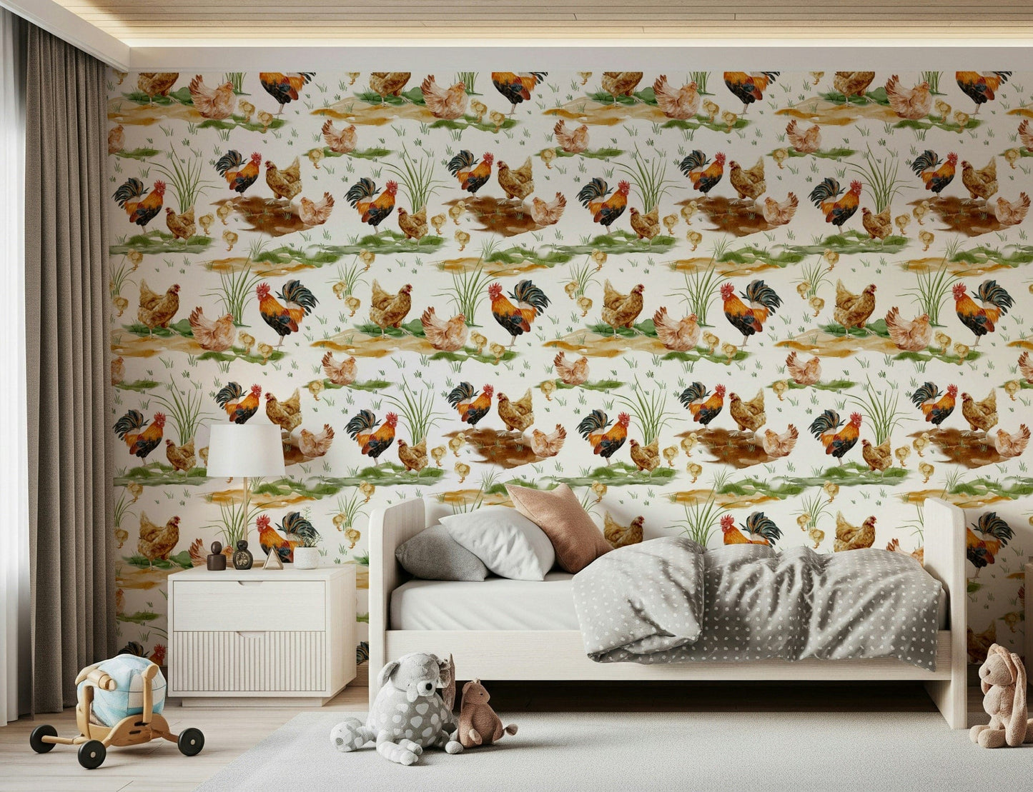 Adorable Watercolor Chicken Coop wallpaper graphic, grassy meadow.