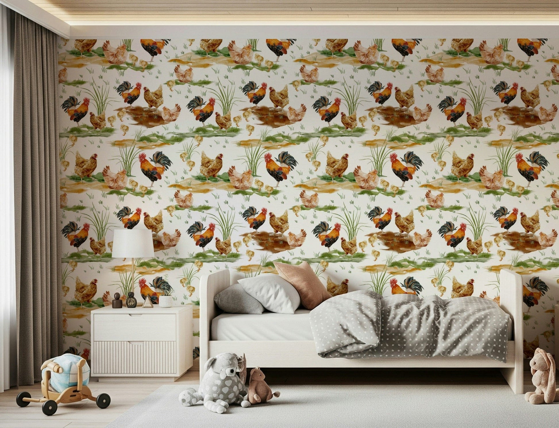 Adorable Watercolor Chicken Coop wallpaper graphic, grassy meadow.